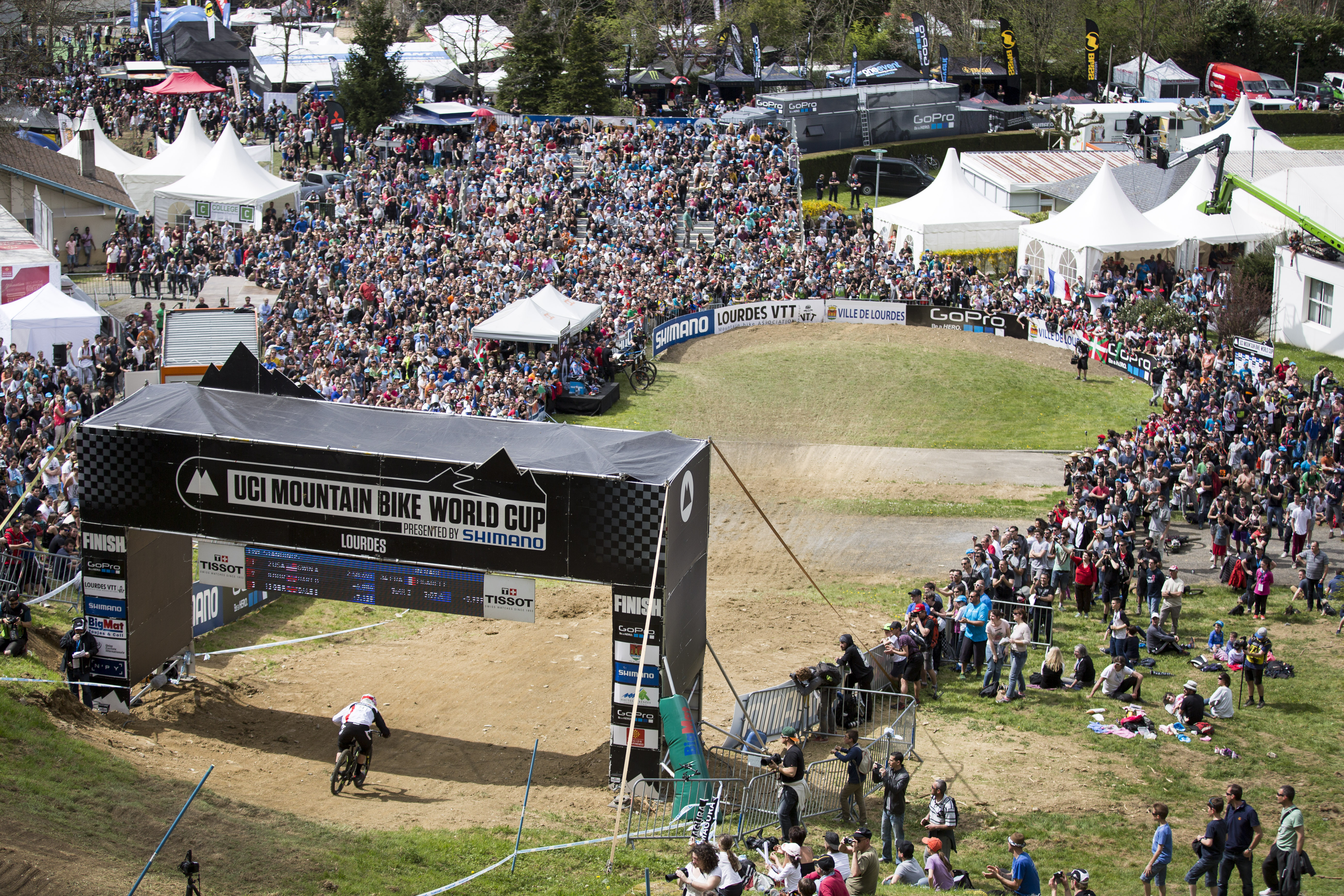 Finish area at the UCI Mountain Bike World Cup in Lourdes, France on April 12th, 2015