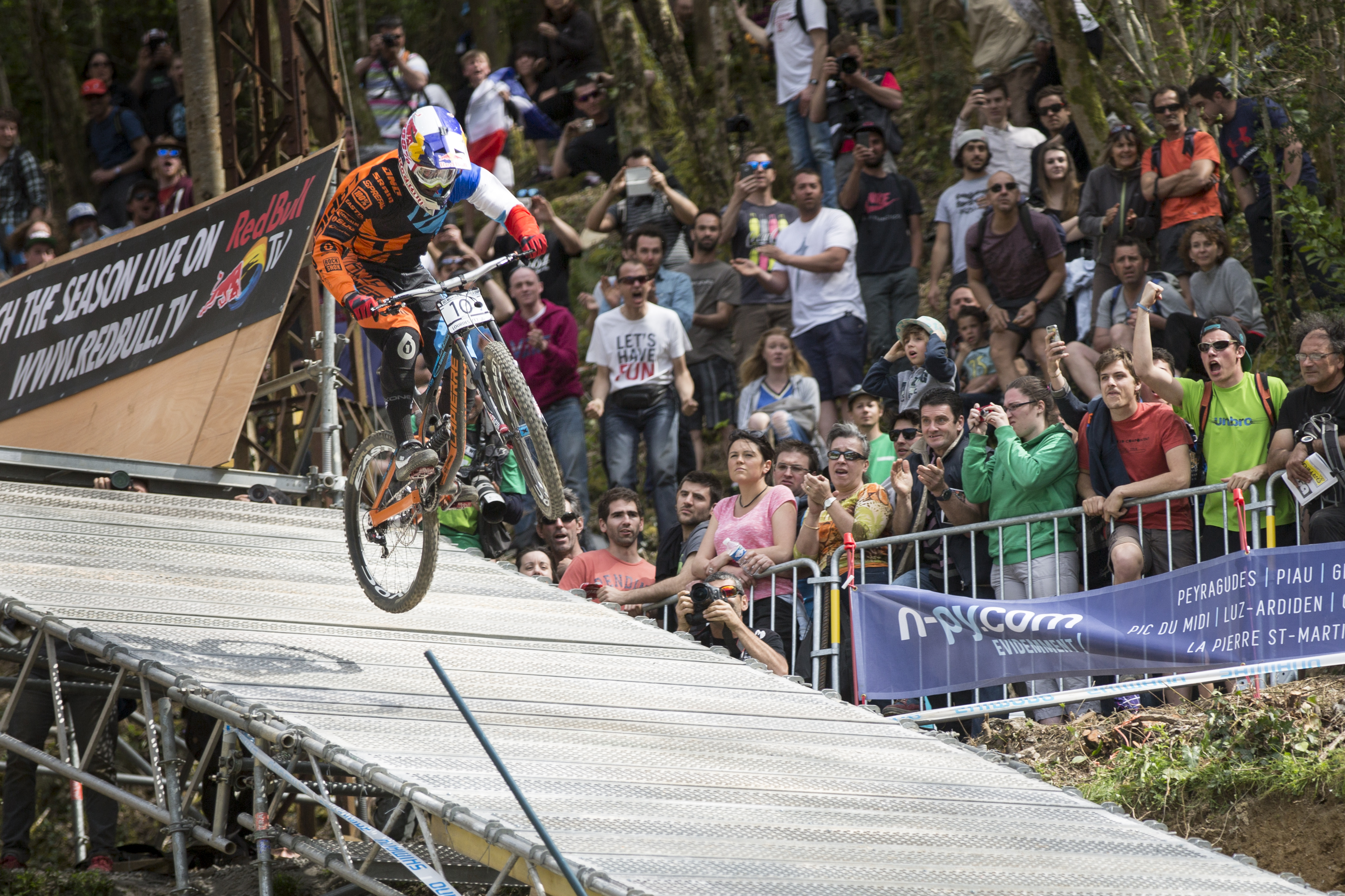 Loic Bruni performs at the UCI Mountain Bike World Cup in Lourdes, France on April 12th, 2015