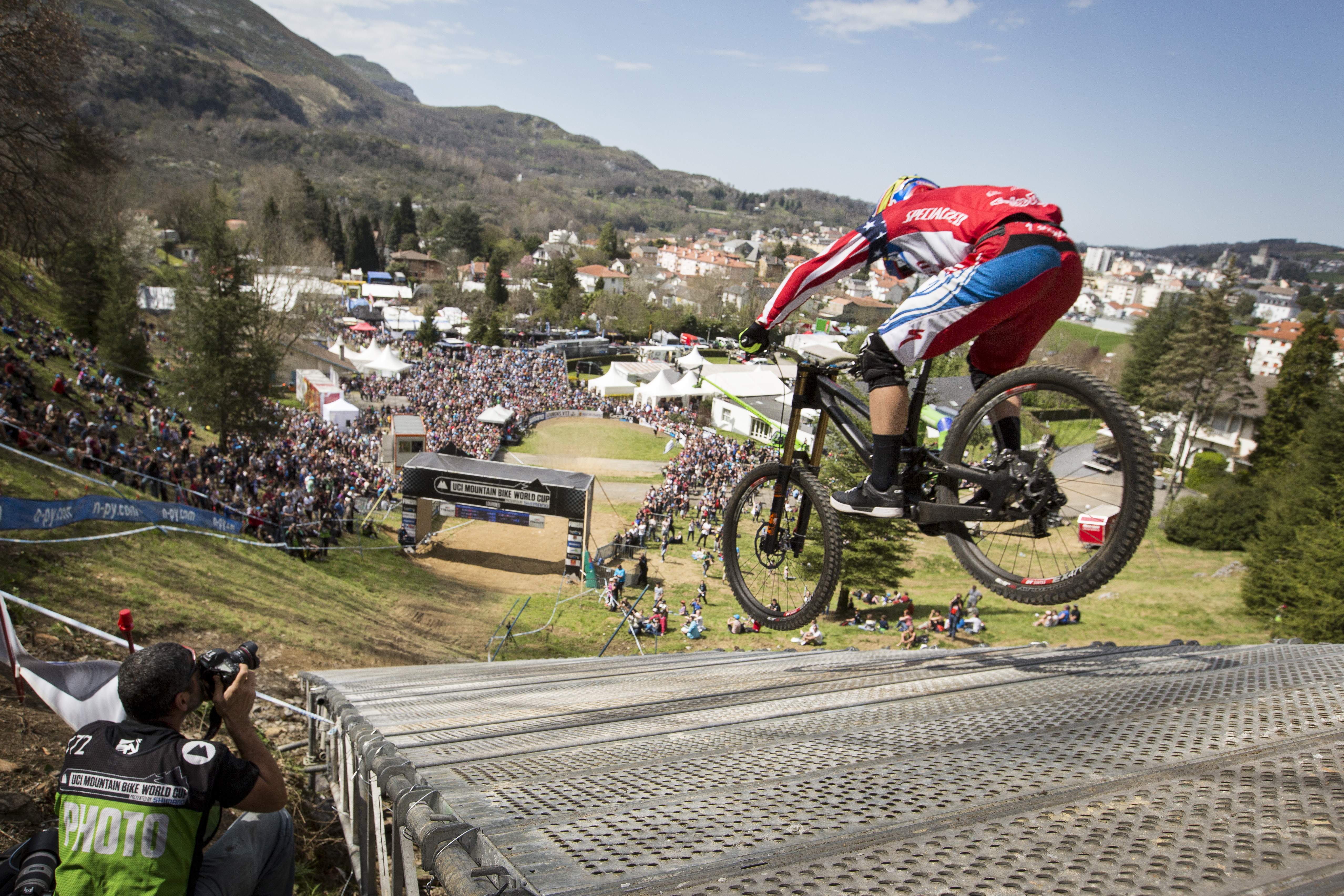 Aaron Gwin performs at the UCI Mountain Bike World Cup in Lourdes, France on April 12th, 2015